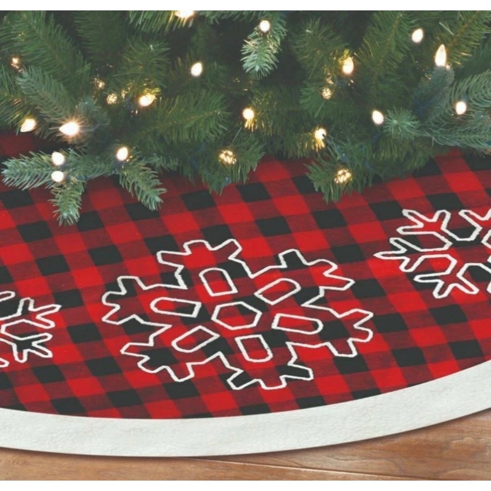 Red Black Buffalo Plaid Tree Skirt Snowflake Trim Christmas Holiday Decor